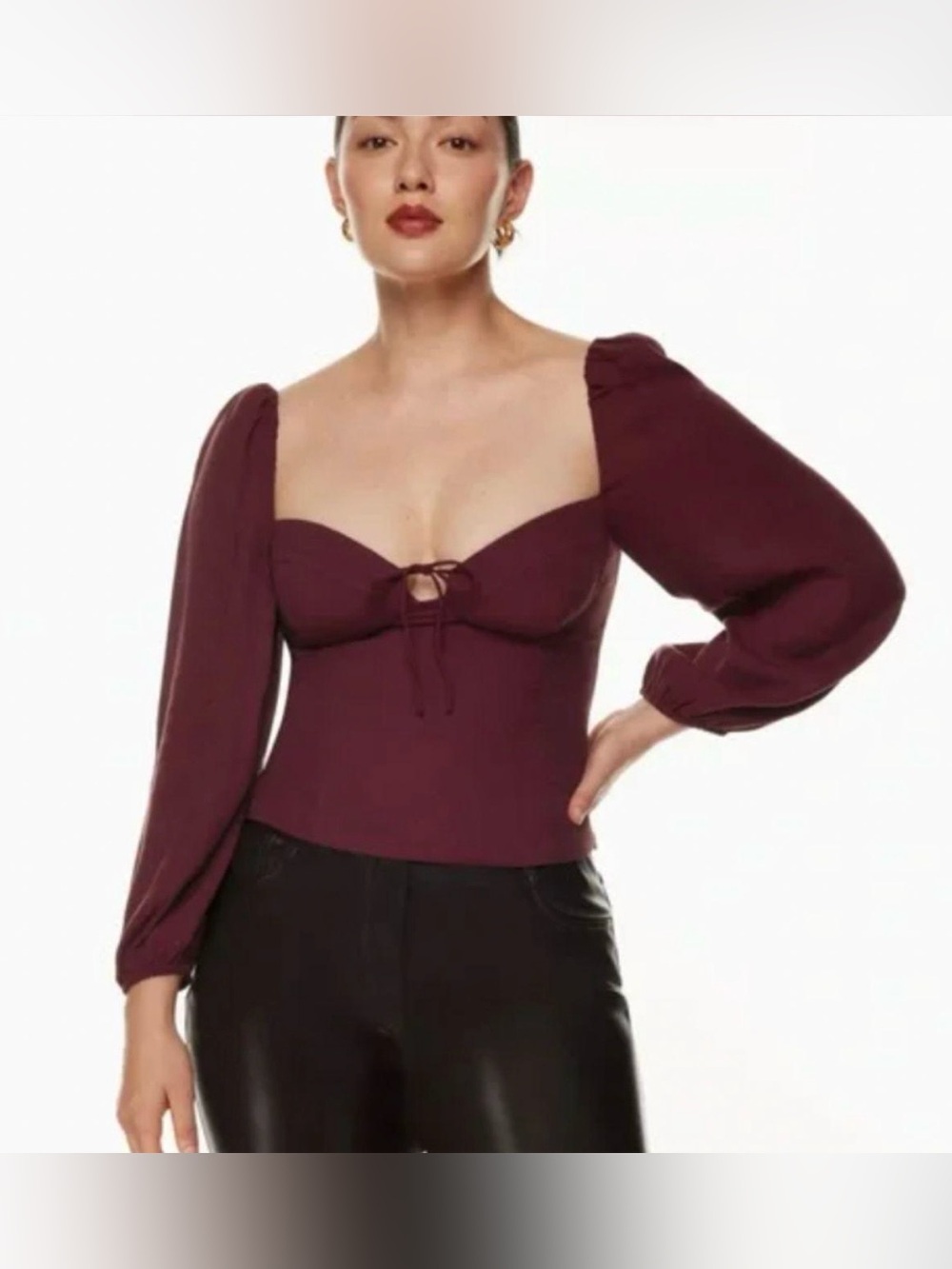 Wilfred Novella Puff-Sleeve Sweetheart Top — Deep Burgundy